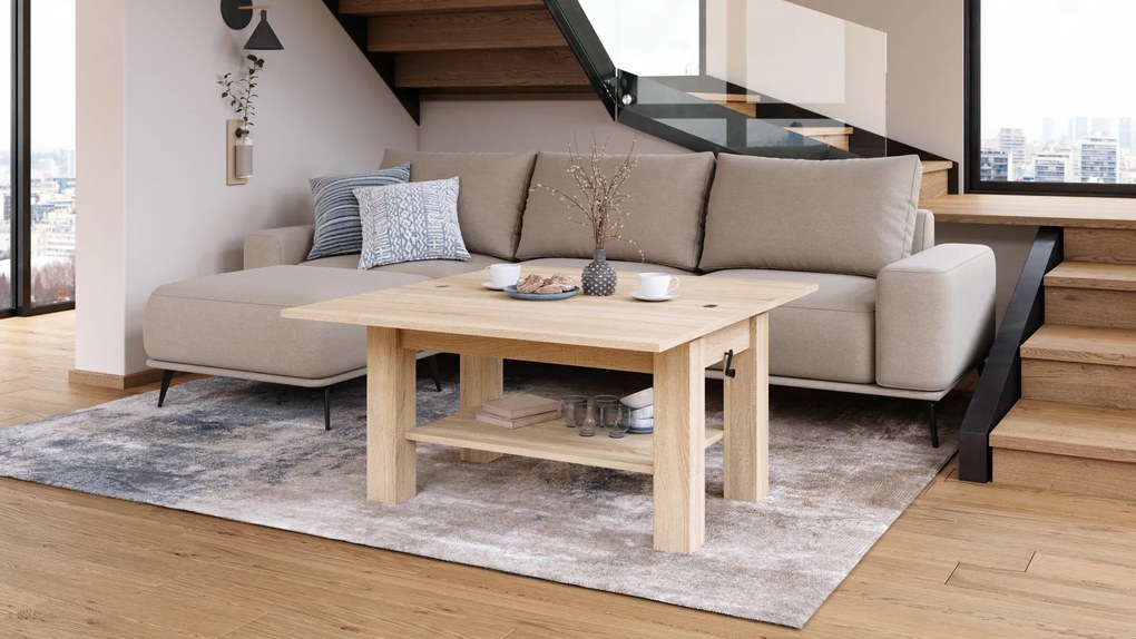 Mazzoni BRAWO Sonoma Tölgy - NYITHATÓ/MAGASÍTHATÓ DOHÁNYZÓASZTAL POLCCAL ÉTKEZŐASZTALKÉNT IS HASZNÁLHATÓ