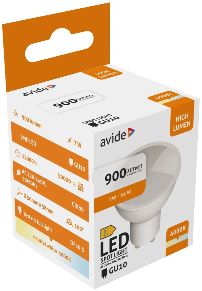 Avide LED Spot Alu+plastic 7W GU10 900LM NW 4000K