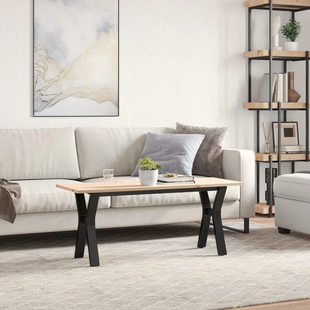 tömör fenyőfa és öntöttvas dohányzóasztal Y-vázzal 110x40x45 cm