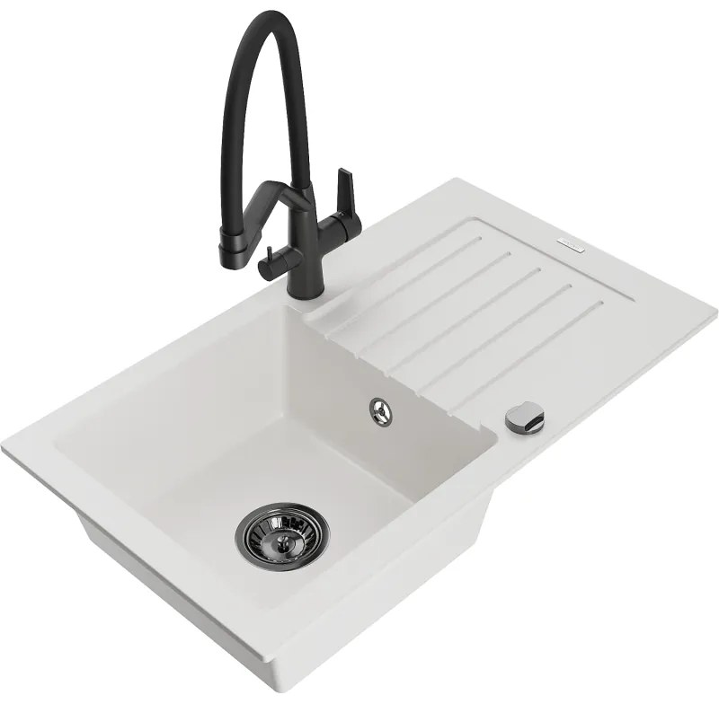 Mexen Pablo egytálcás gránit mosogató csepegtetővel és Duo konyhai csapteleppel, fehér - 6510-20-671701-70-B