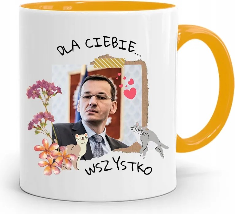 Sárga Politikus Bögre Mateusz Morawiecki Miniszterelnök fényképes nyomtatással