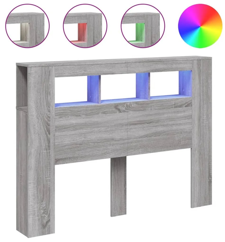 szürke sonoma szerelt fa LED-es fejtámla 140x18,5x103,5 cm