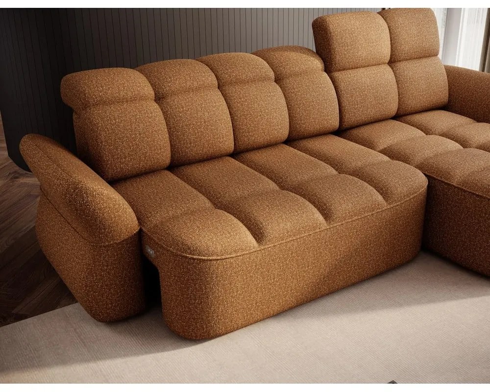 Sárga-barna bársony kinyitható-tárolóhelyes sarokkanapé (jobb oldali-heverő résszel) Beneth – ELTAP