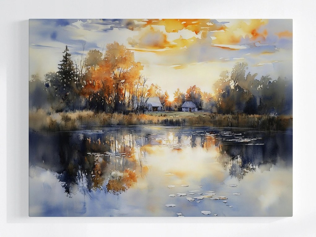 Poszter Tájkép Falu Alföld Tó Napnyugta 100x75