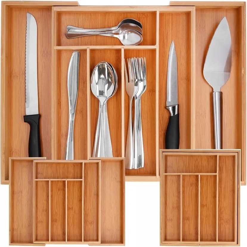 Bambusz Evőeszköztartó Fiókbetét Fa Kihúzható Rendszerező XL