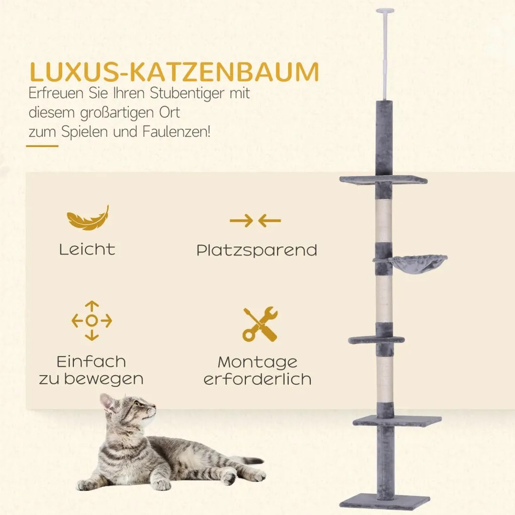PawHut mennyezetre szerelhető, állítható macskafa, 40 x 34 x 230-260 cm szürke