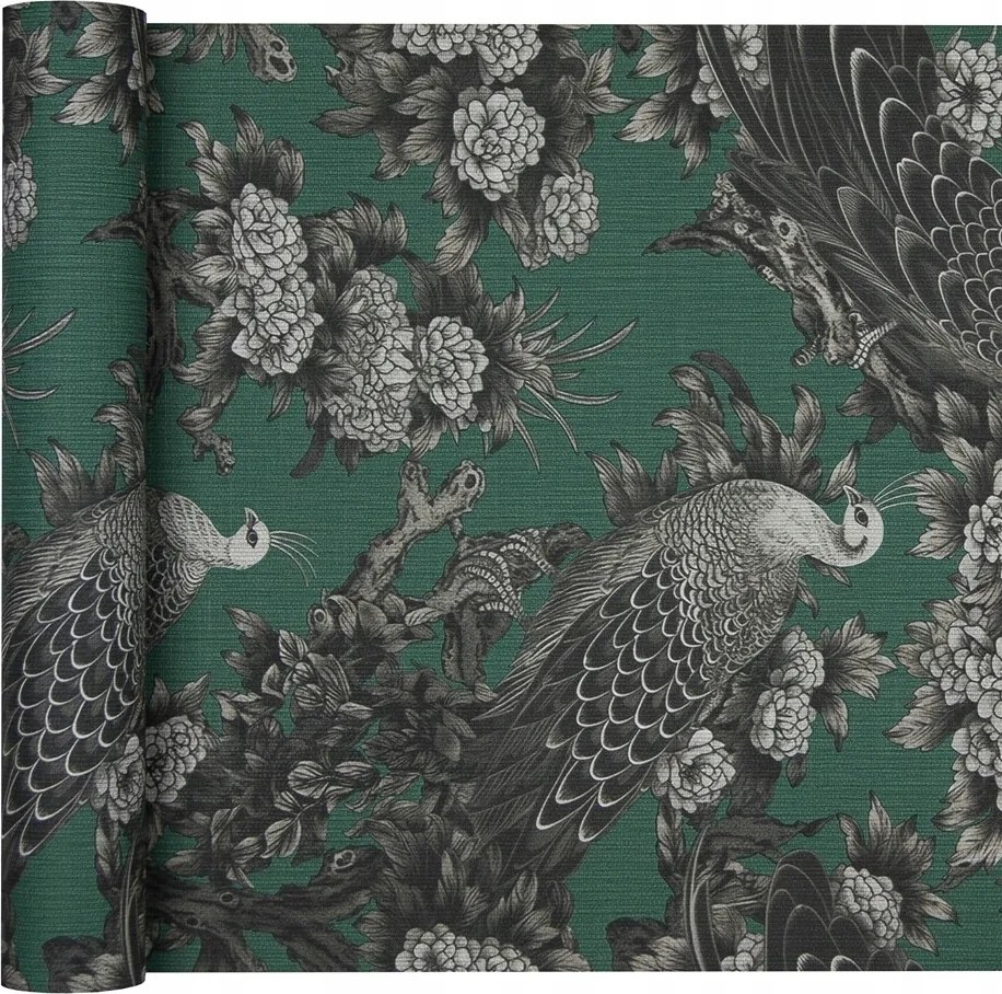 Retro stílusú tapéta pávás, buja növényzettel és virágokkal, vlies alapon