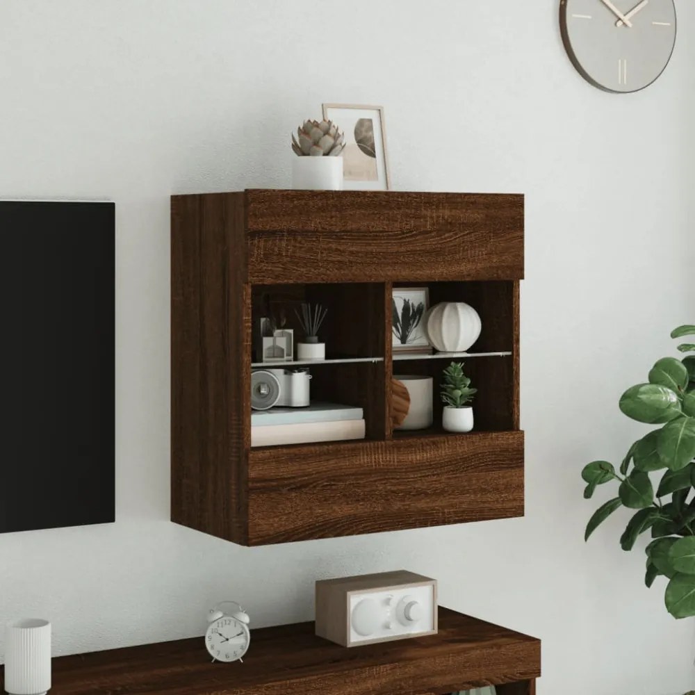 barna tölgyszínű fali TV-szekrény LED-del 58,5x30x60,5 cm