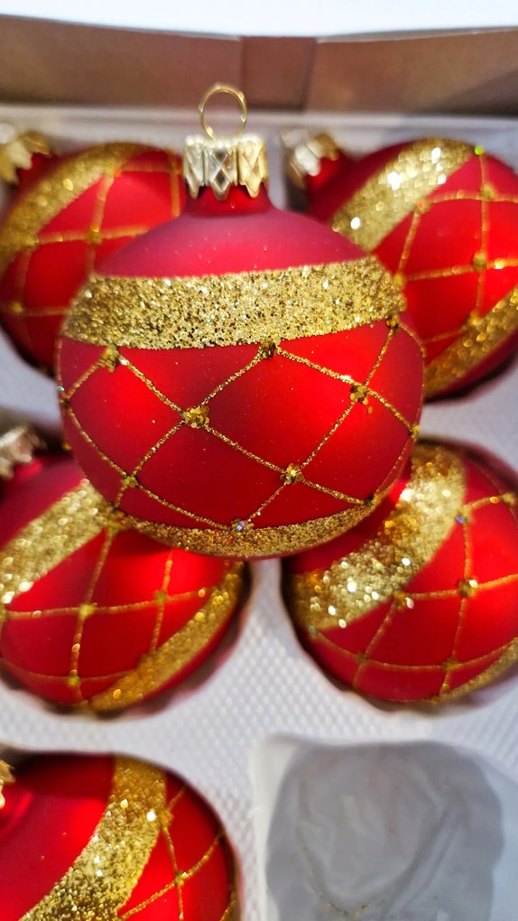 Karácsonyfadísz szett csillámos díszítéssel Piros 6 db