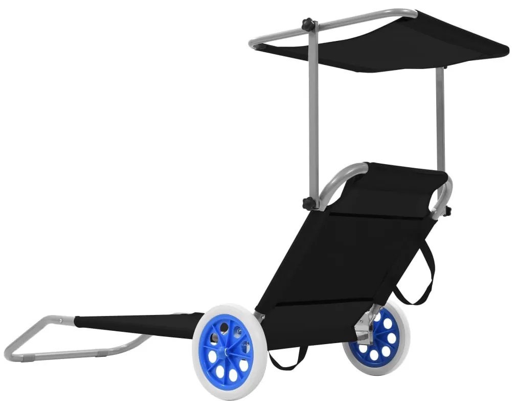 Fekete acél összecsukható napozóágy napellenzővel és kerékkel