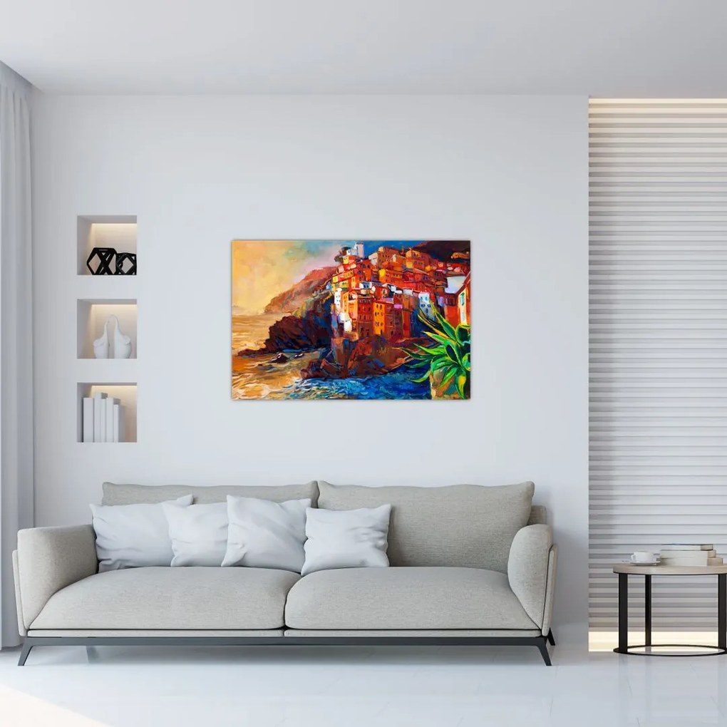 Kép - Falu Cinque Terre partján, az olasz riviérán, modern impresszionizmus (90x60 cm)