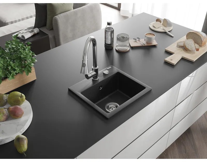 Mexen Milo, 1 kamrás gránit mosogató 435x410x171 mm és Elia mosogató csaptelep, fekete-ezüst metál, 6505-73-670101-00