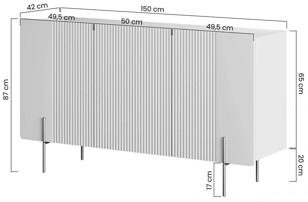 Malmi háromajtós komód 150 cm - kasmír / crema bianca / arany lábak