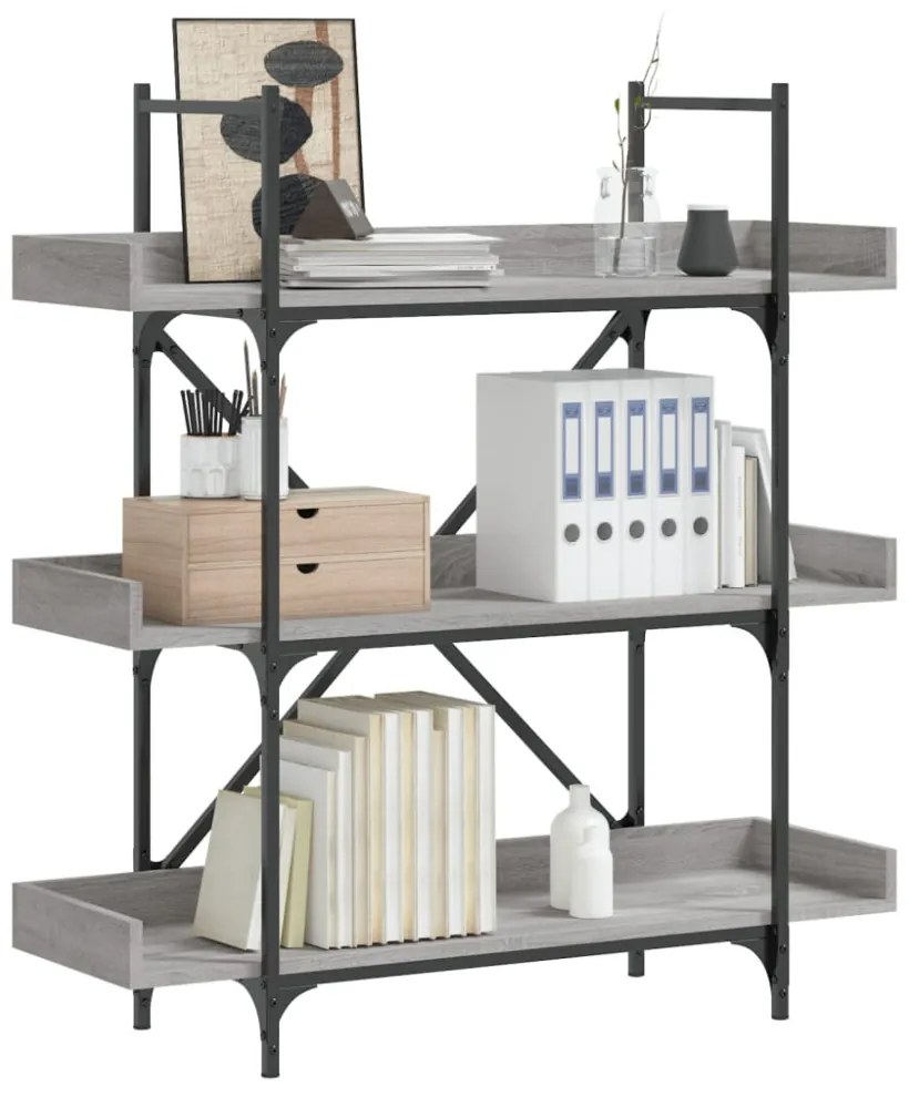 3-szintes szürke sonoma szerelt fa könyvespolc 100x33x108,5 cm
