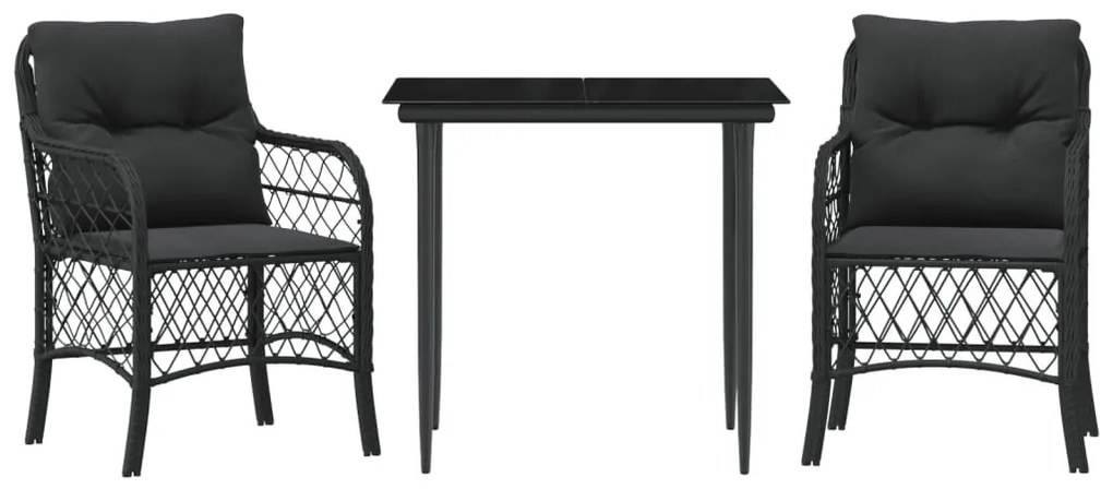 3 részes fekete polyrattan bisztrógarnitúra párnával