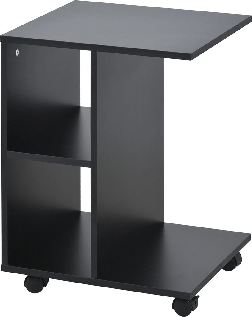 HOMCOM Modern C-alakú Oldalsó Asztal Kerekekkel, Nyitott Polcokkal a Nappaliba és Hálószobába, 45x35x58 cm, Fekete | Aosom