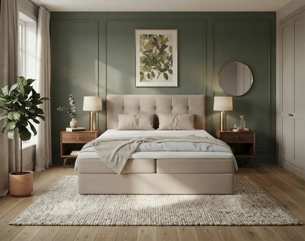 Kárpitozott boxspring ágy DIRELIS TRINITY 140x200 cm bézs Matrac: Bonell rugós matrac