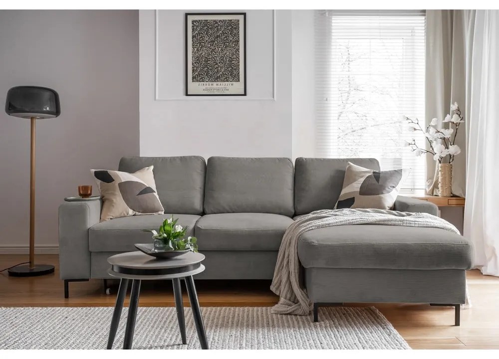 Szürke kordbársony kinyitható sarokkanapé (jobb oldali) Lofty Lilly – Miuform