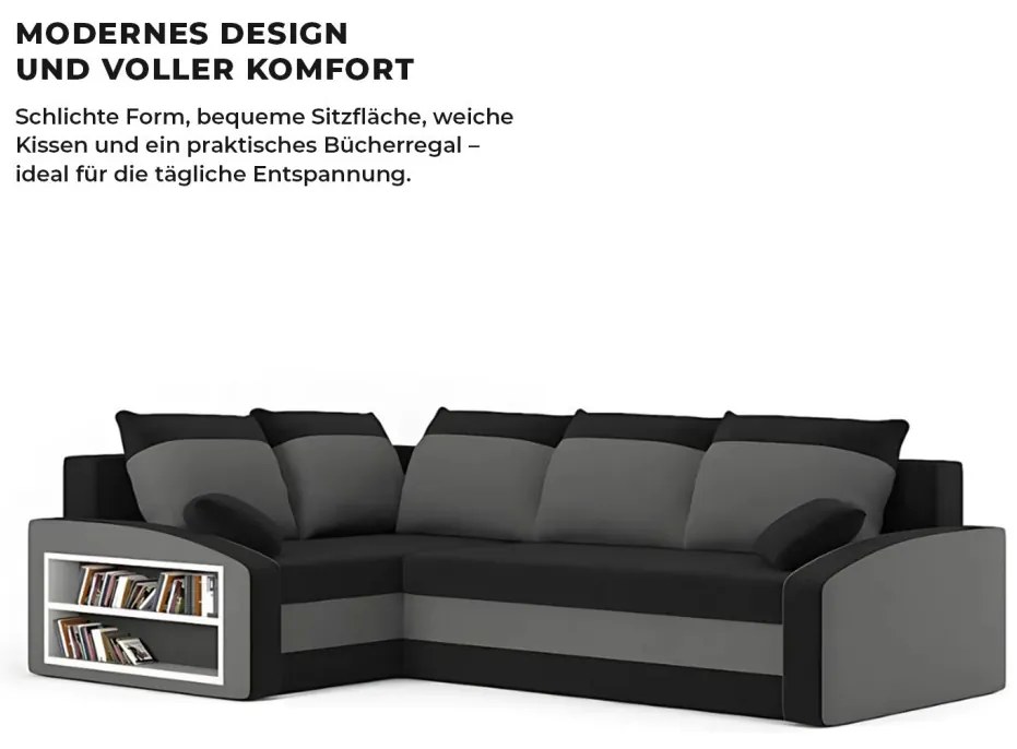 Grande sarokkanapé polcokkal , polc a bal karfaban, baloldali, szövet anyag, bonell töltet, fekete - szürke