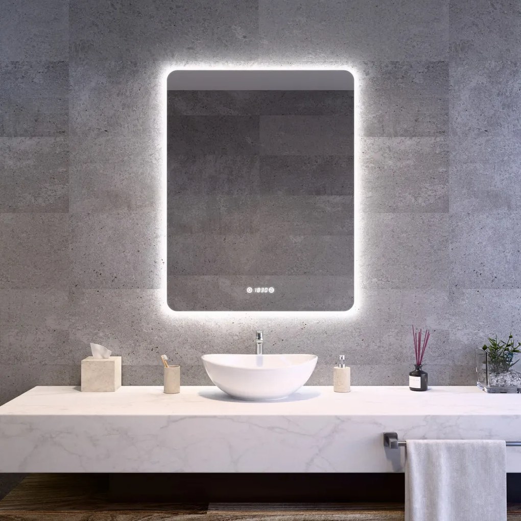 Álló fürdőszobai LED tükör 70x90cm | Páramentesítő funkció - Beépített óra - Fényerő és színhőmérséklet szabályozás | Welland Luxury-Line G1095
