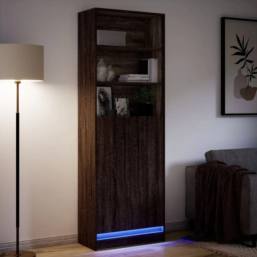 barna tölgy szerelt fa magasszekrény LED-ekkel 69x32,5x200 cm
