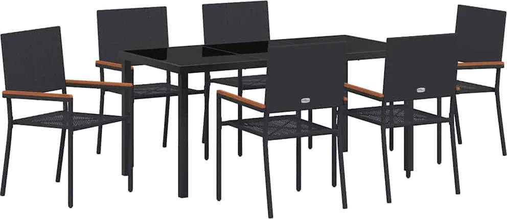 vidaXL Kert étkező szett párnával 7 pcs Fekete polirattan