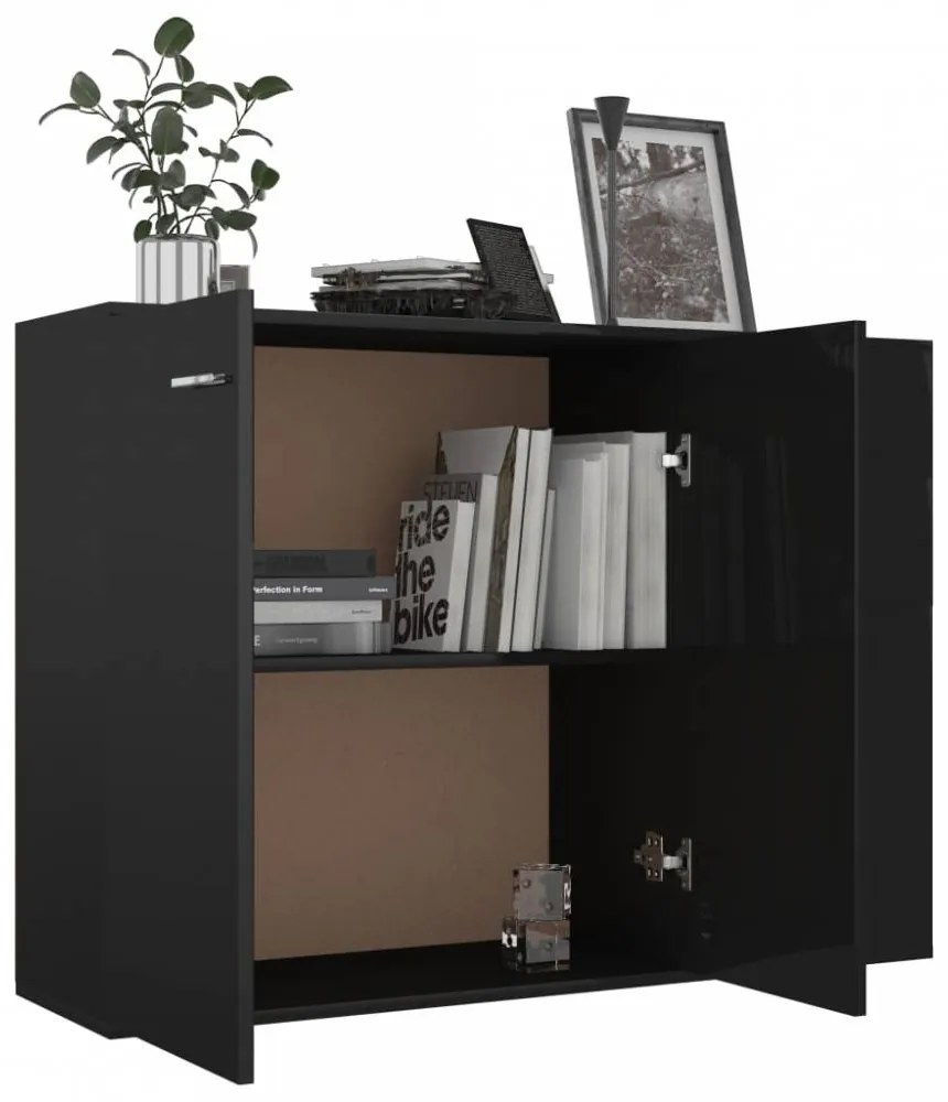 Magasfényű fekete forgácslap tálalószekrény 105 x 30 x 75 cm