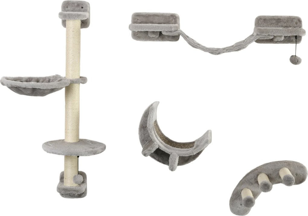 PawHut 4 részes macska polc készlet falra szerelhető kaparó a macskáknak, függőággyal és puha létrás platformokkal, Szürke | Aosom