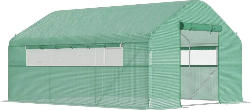 Outsunny Kültéri Üvegház 4x3x2 m Alagút Üvegház 2 Hálós Ablakkal, Anti-UV PE Fedelettel és 1 Cipzáros Felhúzható Ajtóval Zöld Kerthez | Aosom