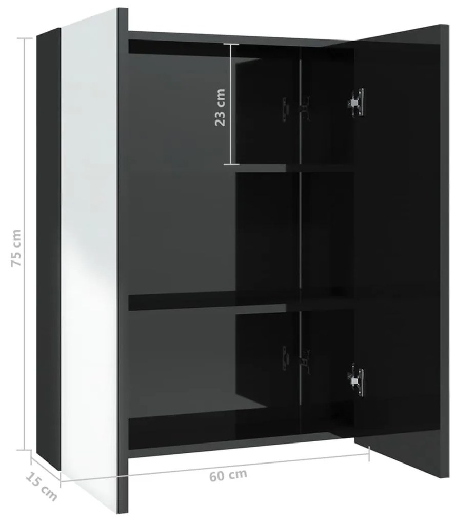 fényes fekete MDF tükrös fürdőszobaszekrény 60 x 15 x 75 cm