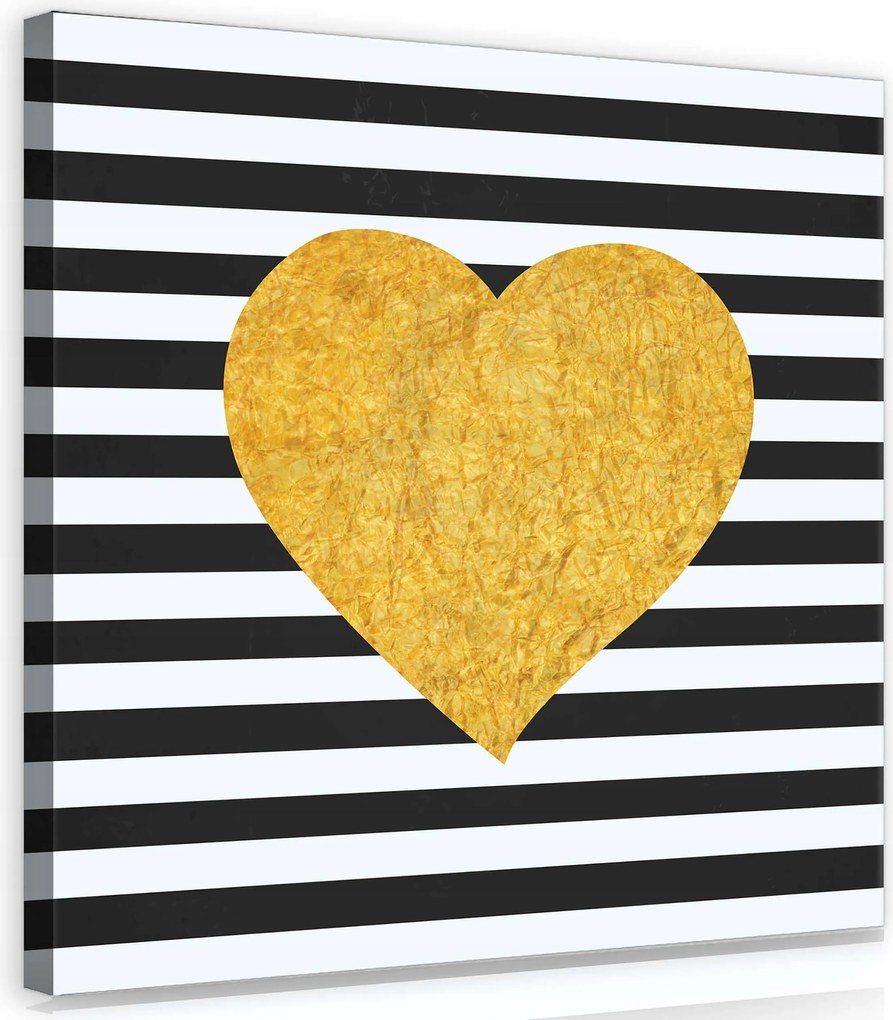 Vászonkép 40x40 Arany szív fekete-fehér csíkos kontraszt modern szerelem
