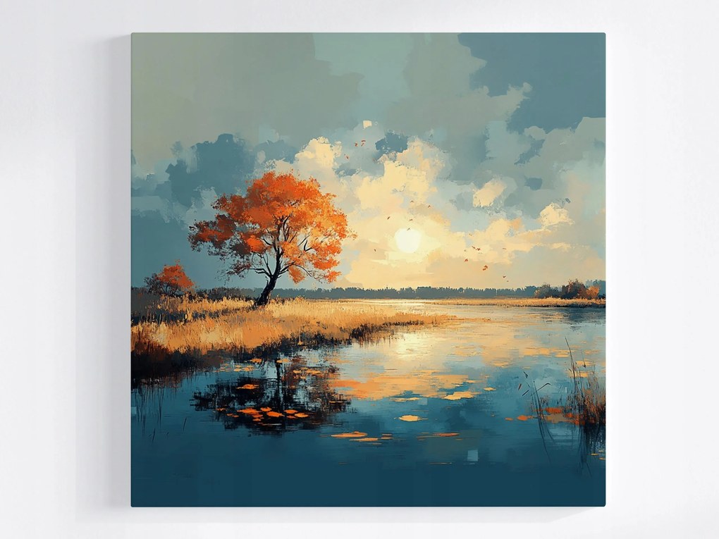 Vászonkép Víz Tájkép Tó Fa Ősz Nap Természet 80x80