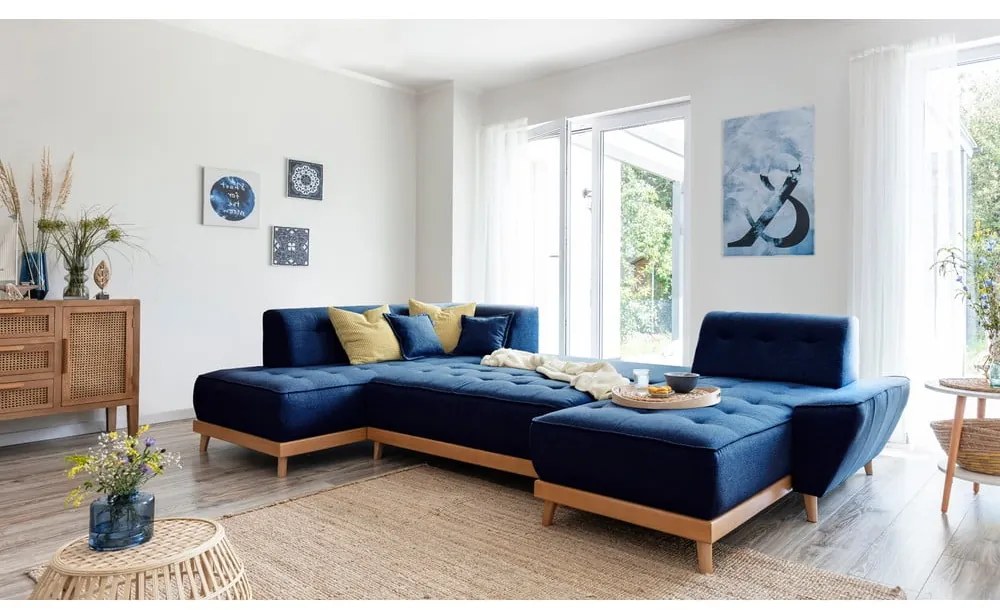 Dazzling Daisy sötétkék kinyitható U alakú kanapé, bal oldalas - Miuform
