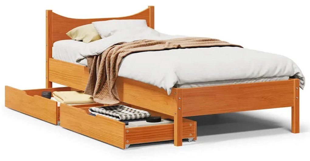 vidaXL viaszbarna tömör fenyőfa ágykeret fiókokkal 75 x 190 cm