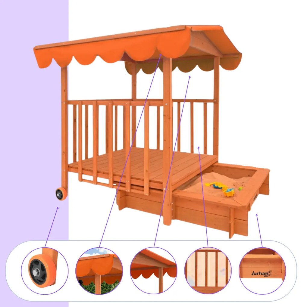 HAPPY verandás homokozó, 130x130x143cm, barna/narancs Jurhan