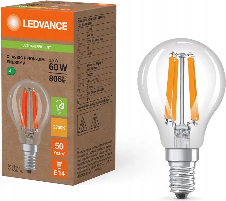 Led izzó Golyó E14 P45 3.8W 60W 806lm 2700K Meleg 320° Ledvance