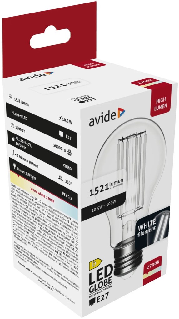 Avide LED White Filament Globe 10.5W E27 WW 2700K