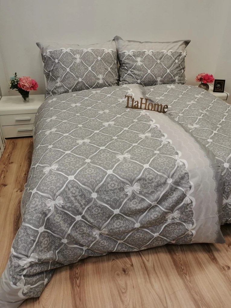 Vintage szürke Szalag pamut ágynemű TiaHome - 1x Párna 90x70cm, 1x Paplan 140x200cm