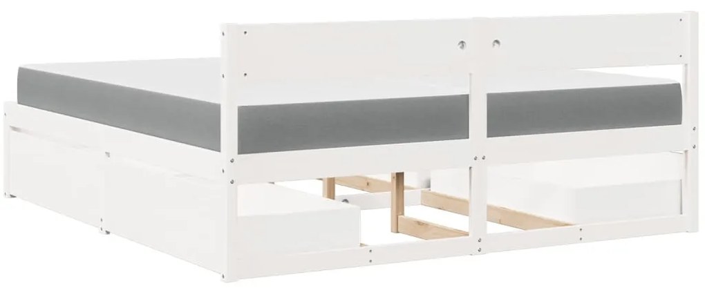 fehér tömör fenyőfa ágy fiókokkal és matraccal 200 x 200 cm