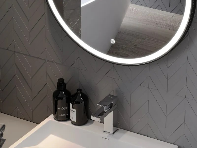 Mexen Reni, LED fürdoszobai tükör háttérvilágítással 70x70 cm, 6000K, fekete keret, páramentes, 9812-070-070-611-70