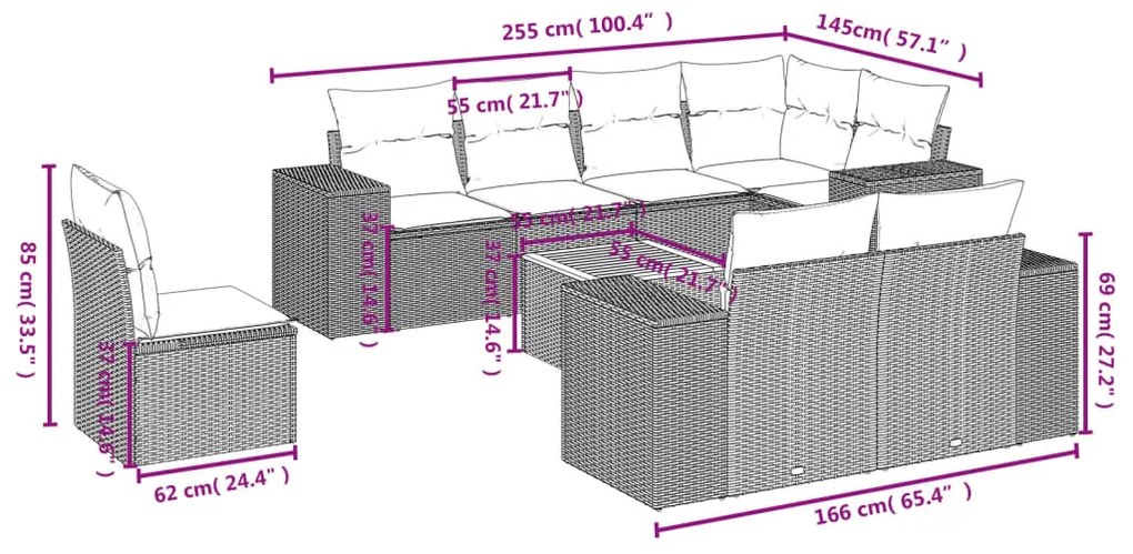 9 részes fekete polyrattan kerti ülőgarnitúra párnákkal