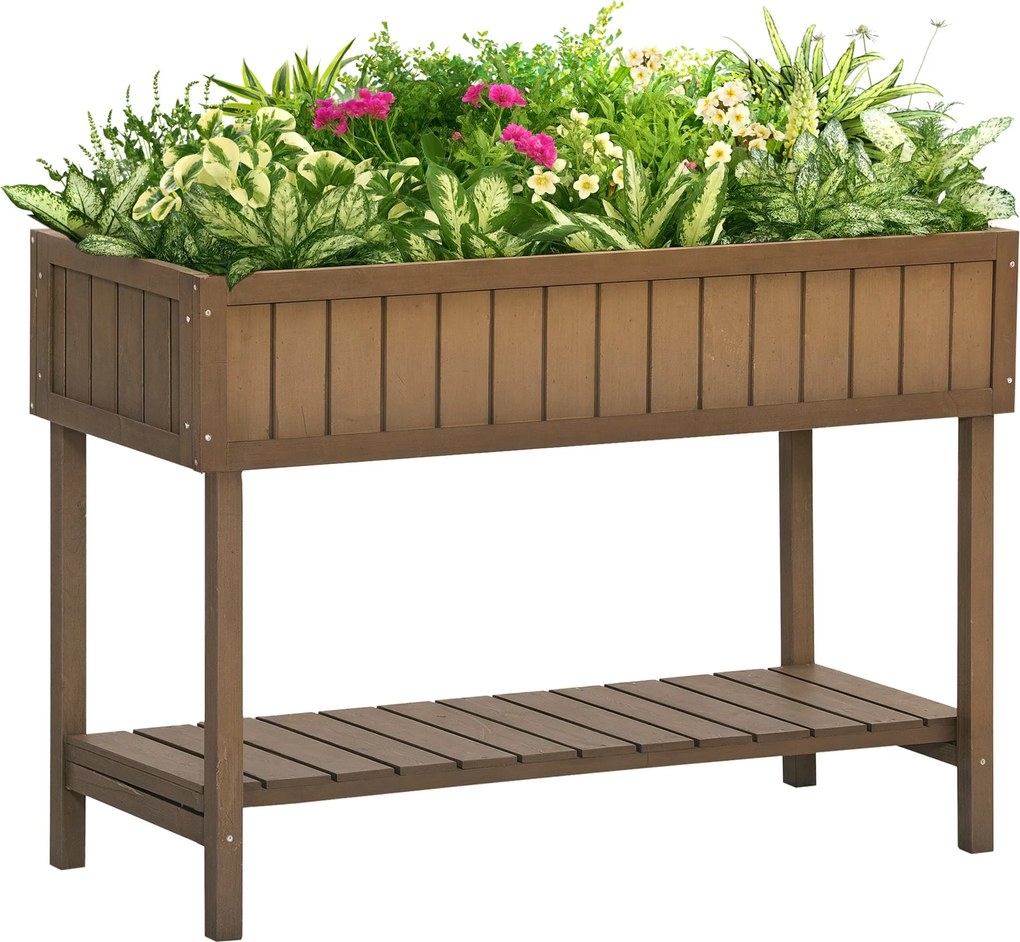 Outsunny Négyzetes Emelt Virágtartó Polccal, 110L x 46Sz x 76M cm, 8 Rekesszel és Öntözőbetétekkel Fenyőfából | Aosom