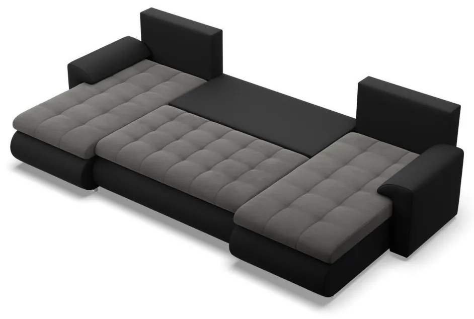 Tokio U alakú sarokkanapé, 3 ágyneműtartóval, bársony + műbőr, univerzális oldal, szürke - fekete