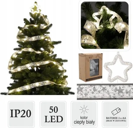 Karácsonyi Led Szalag Csillaggal Ezüst 50L Fehér Elemes Spicc Hegy