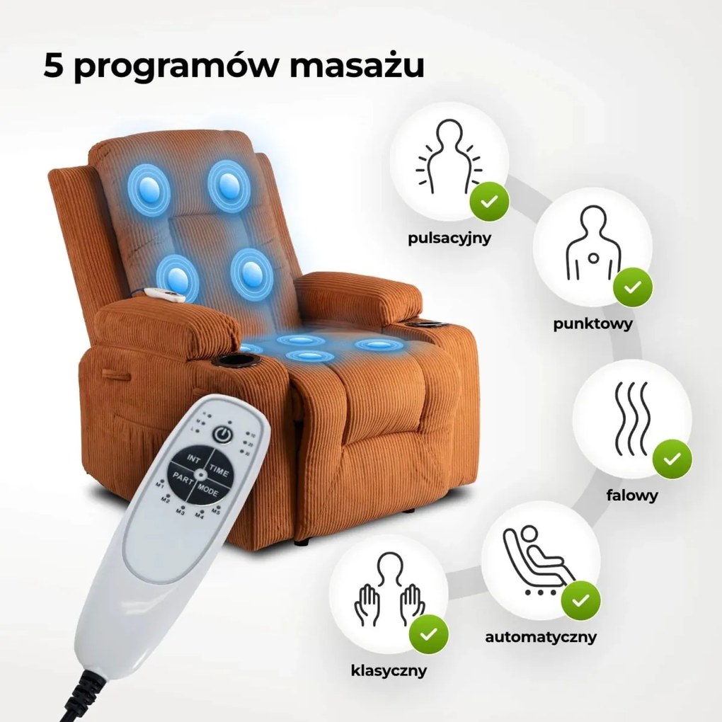 Masszírozós dönthető fotel vörösesbarna színben, kordbársony kárpittal BOX