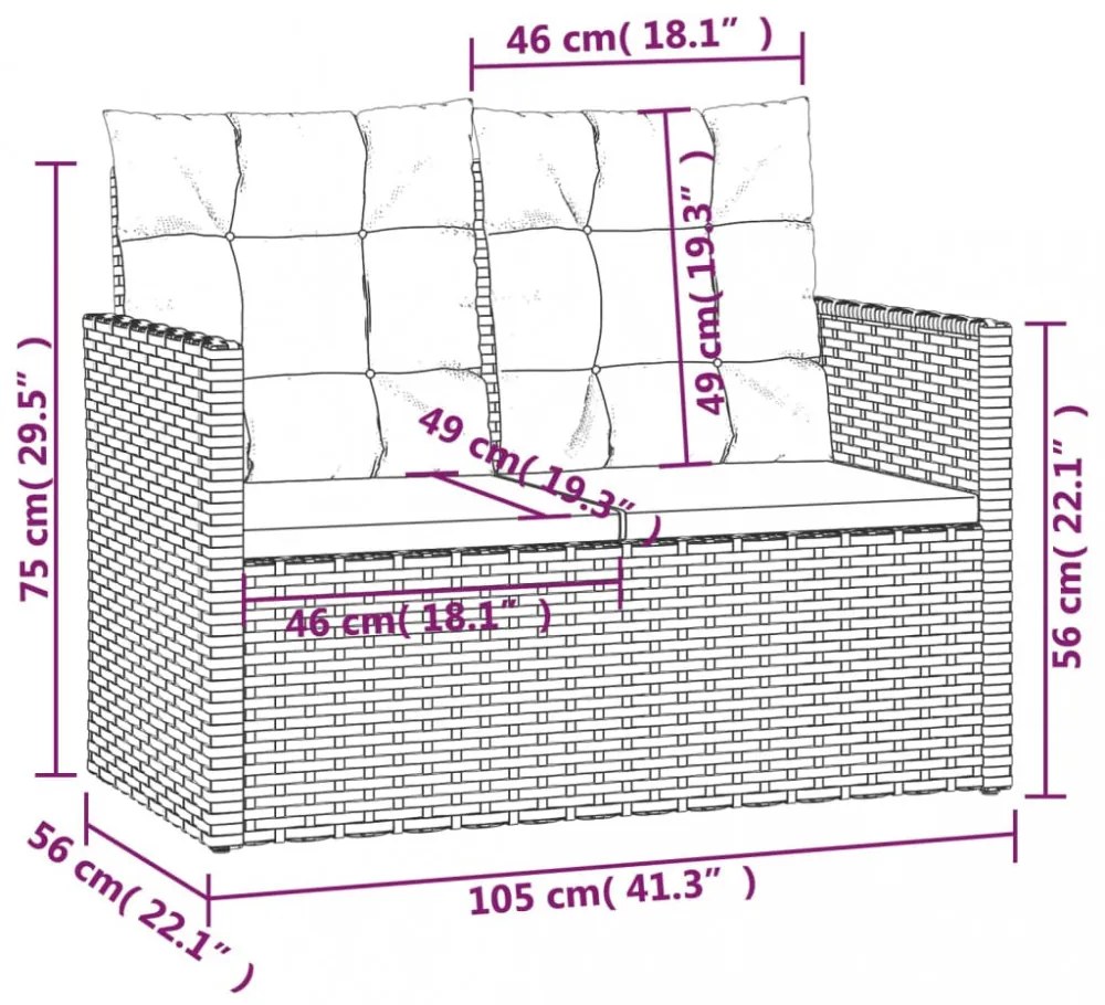 szürke polyrattan kerti pad párnákkal 105 cm