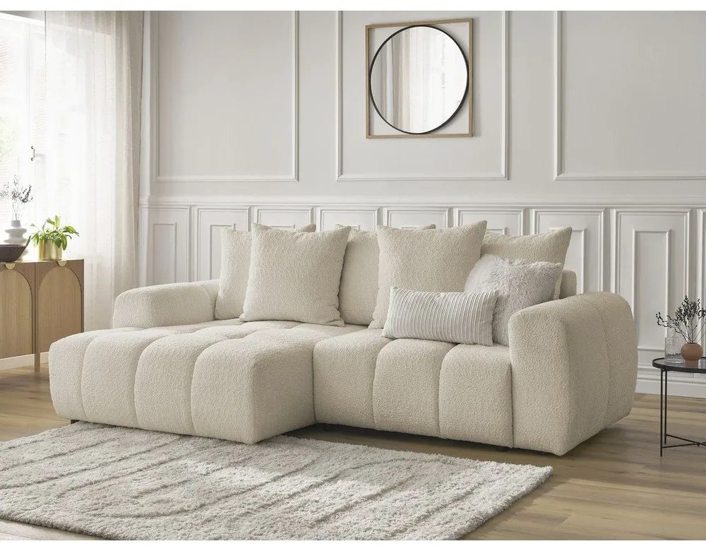 Bézs buklé kinyitható-tárolóhelyes sarokkanapé (bal oldali-heverő résszel) Roxelane – Bobochic Paris