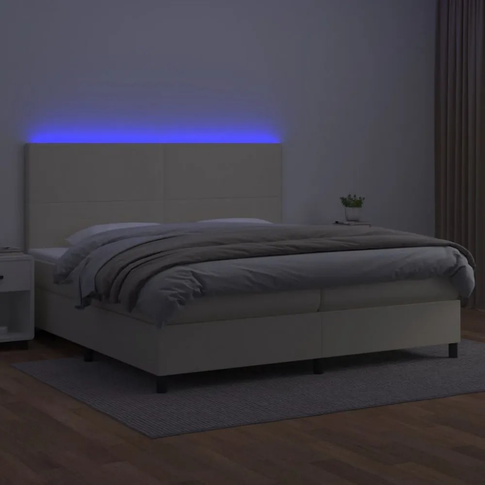 krémszínű műbőr rugós ágy matraccal és LED-del 200x200 cm