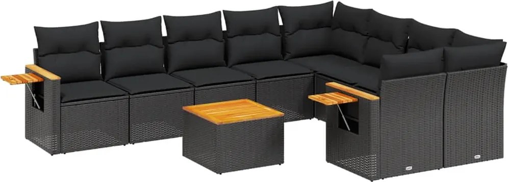 vidaXL 10 részes fekete polyrattan kerti ülőgarnitúra párnákkal
