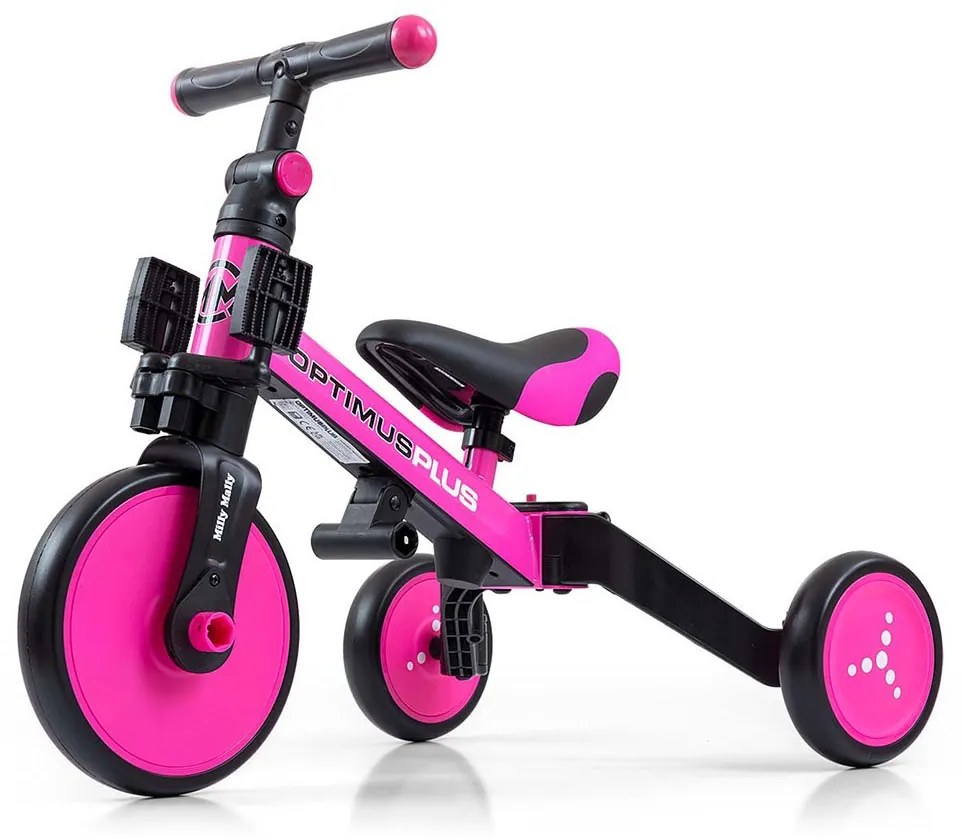Gyerek háromkerekű bicikli 4az1-ben Milly Mally Optimus Plus tolókarral pink